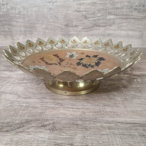 Vtg Enamel & Brass Pedestal Bowl Tray Floral Design Solid Cut 10" Made in India - Picture 12 of 14